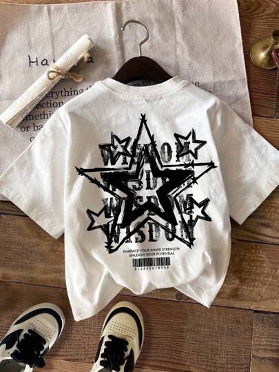 SHEIN 年轻男孩休闲简约五角星图案宽松短袖圆领T恤，适合夏季，衣服背面