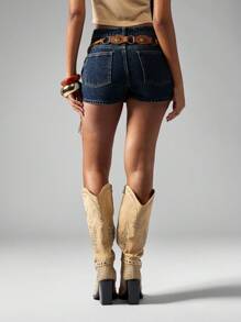 MISSGUIDED 复古高腰迷你牛仔短裙西部乡村节日波西米亚铆钉腰带做旧石洗女牛仔夏季春季 A 字型牛仔下装 - 藍色 - 查看 2