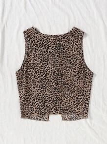 SHEIN Top sans manches pour adolescente avec col rond, imprimé léopard, nœud contrastant et fente dans le dos - Nude - Voir 2