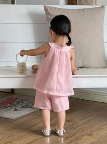 SHEIN 2pcs/Set Baby/Toddler Girls Bow Decor Sleeveless Top & Elastic Waistband Shorts Set, Comfortable & Cute For Casual & Outdoor Wear, Spring/Summer/Autumn Clothes For Baby Girls Baby Clothes For Girls Baby Girl High Quality Clothing Clothes For Baby Girl Baby Clothes For Girls Baby Girls Sets - Dusty Pink - View 2