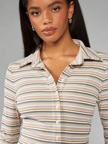 MISSGUIDED Vestido mini con botones, cuello y manga larga de punto acanalado con patrón de rayas retro, de ajuste ceñido, en estilo Y2K de los 90, para otoño, invierno y primavera - Multicolor - Ver 5