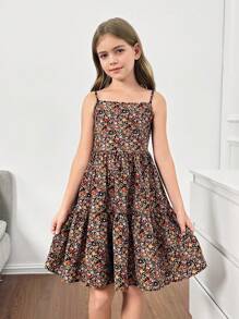 SHEIN Serisse Kids 2pcs Tween Girls' Casual Solid Color Long Sleeve Short Shirt Button Jacket And Floral Allover Print Dress Set, Suitable For Spring/Summer Outdoor Activities, Travel, Daily Wear, Leisure, Vacation And Parties