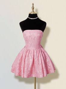 SHEIN ICON Đầm suông dự tiệc trà họa tiết hoa babydoll màu hồng dành cho nữ, váy xòe nơ thanh lịch, không dây, chất liệu jacquard nhún bèo hoa - Hồng - Xem 2