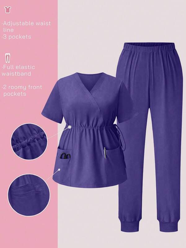 TaskEZ Damen Set in Große Größen mit einfarbigem V-Ausschnitt, Doppeltasche Top und Hose als Uniform