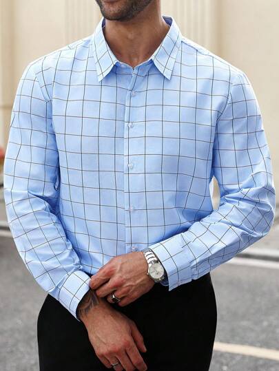 Manfinity Mode 大码男士格子长袖单排扣休闲通勤衬衫