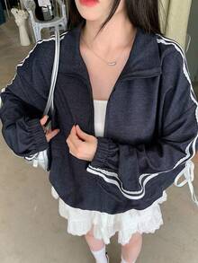 DAZY 女式侧条纹拉链宽松休闲夹克 - 藍色 - 查看 5