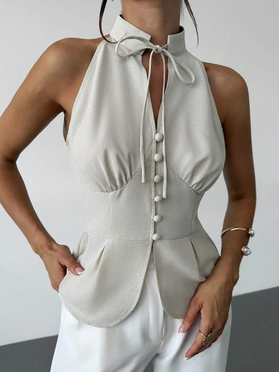 Firerie Áo cánh không tay đơn giản thanh lịch cổ đứng buộc phía trước viền bèo nhún cho nữ, Áo sơ mi đi làm hàng ngày, Quần áo mùa xuân/hè, Thích hợp để đi làm, Thanh lịch, Kỳ nghỉ, Bãi biển, Bohemian, Hawaii, Trang phục công sở