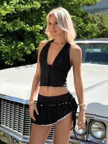 SHEIN EZwear 2pcs/Set Polka Dot Print Halter Backless Top And Drawstring Waist Mini Skirt - Black - View 3