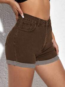 Jeanoix Women's High Waist Rolled Hem Brown Casual Denim Shorts, Summer