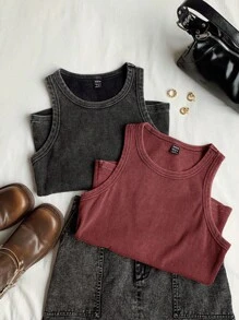 Comfortcana Conjunto de top de punto ajustado con lavado ácido de dos colores - Burdeos - Ver 5