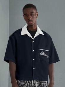 SUMWON Premium Summer Resort Bowling Shirt Short Sleeve Palm Springs Embroidered Casual Button Down Weekend Holiday Wear - Navy Blue - View 2