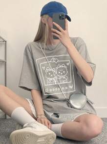 DAZY Áo thun nữ dáng rộng, cổ tròn, tay ngắn, họa tiết hoạt hình, thích hợp mặc mùa hè, đi làm. - Xám - Xem 6