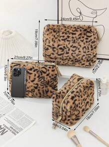 SHEIN 1 szt. Duża pojemność wielofunkcyjna torba podróżna do pielęgnacji, kosmetyczka z nadrukiem w panterkę, przenośna pielęgnacja skóry i przybory toaletowe, pluszowa kosmetyczka z nadrukiem w panterkę, duża pojemność, wysokiej jakości i słodka torba do przechowywania - Kolor khaki - Zobacz 10