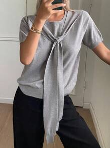 Livesso Women's 2 In 1 Tie-Waist Patchwork Short Sleeve Round Neck Short Knit Sweater, Casual & Chic