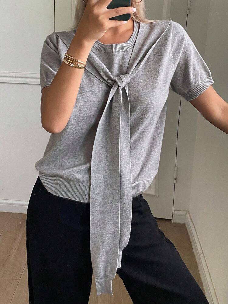 Women's 2 In 1 Tie-Waist Patchwork Short Sleeve Round Neck Short Knit Sweater, Casual & Chic