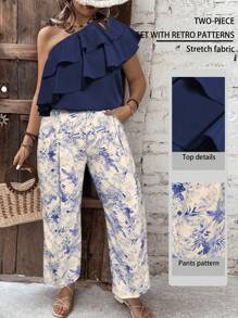 SHEIN PETITE 大码 2 件夏季女装：优雅露肩单肩不对称荷叶边衬衫和蓝白瓷图案裤子，度假风格