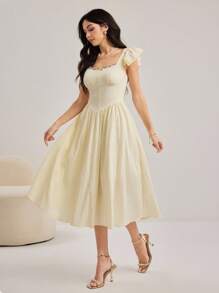 Modelyn Women's Floral Decor Sweetheart Neck Ruffle Detail Elegant A-Line Dress - Apricot - View 3