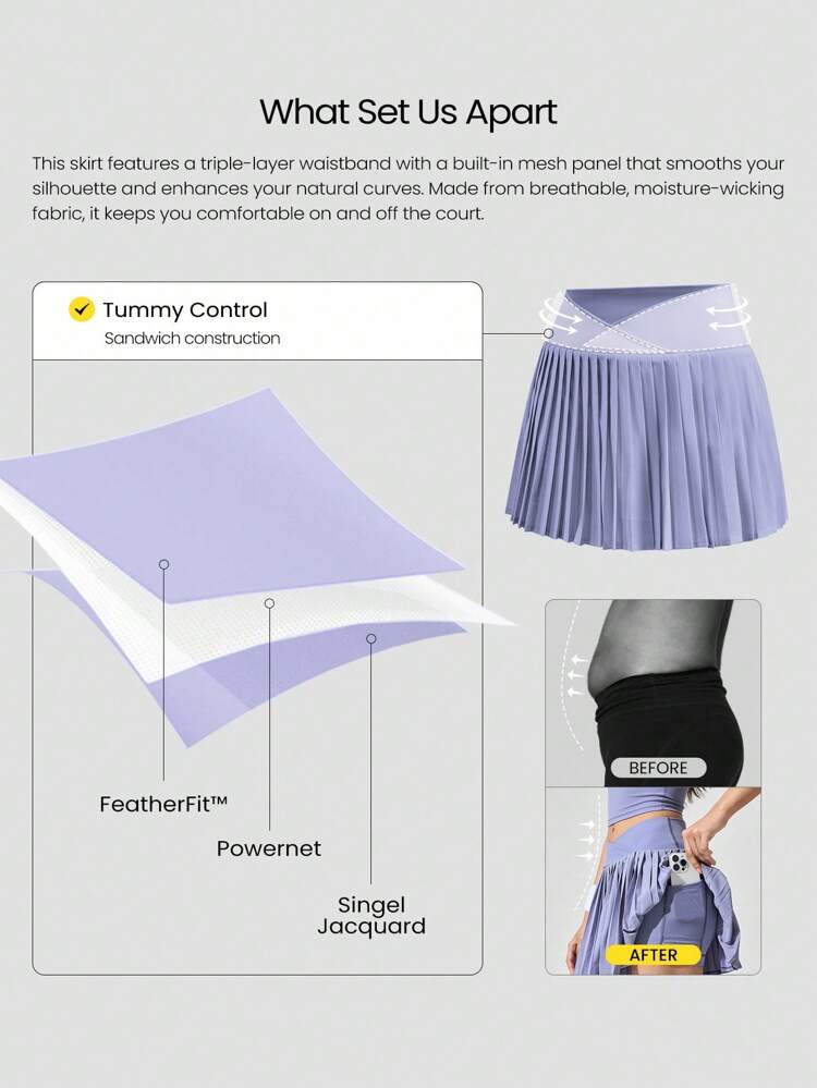 Let's Play Sweat-Wicking Stretchy Mid-Rise Crossover Waist Pleated Tennis Skirt With Built-In Shorts Side Pockets Tennis Golf Daily
