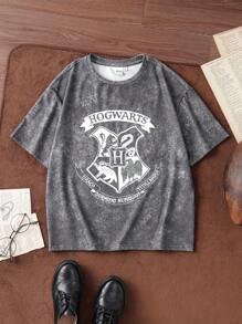 HARRY POTTER X SHEIN Tween Boy Animal Print Gray Tie-Dye Short Sleeve T-Shirt - Dark Grey - View 6