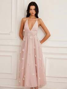 Aveloria Rosie Sweet Pink Mesh Halter Tie Long Dress With 3D Floral Beaded Embellishment, Backless Sexy Sleeveless Dress - Multicolor - View 4