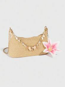 ROMWE Fairycore 1pc Tropical Vacation Style Sea Element Star Chain Decor Straw Shoulder Bag, Lily Flower Decor Underarm Tote Bag - Multicolor - View 6