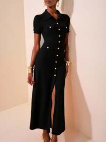 Zivah 2025新款春夏休闲优雅日常约会聚会通勤POLO领短袖泡泡袖装饰金属扣鱼尾裙开臀裙黑色纹理针织面料长裙女士长裙黑色连衣裙纽扣连衣裙Polo裙女士连衣裙翻领连衣裙纽扣衬衫裙中长裙休闲连衣裙 - 黑色 - 查看 4
