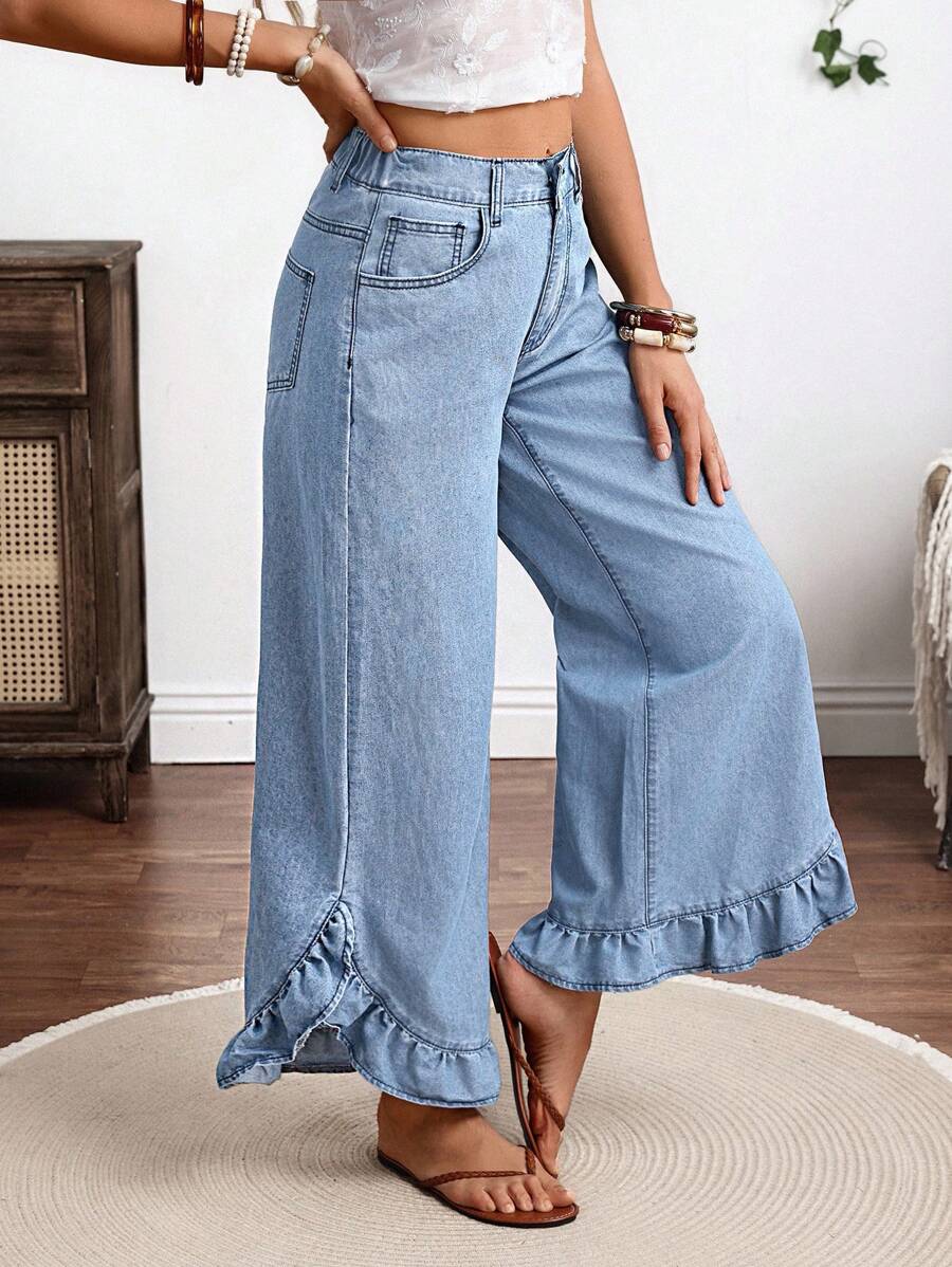 EMERY ROSE Quần Jeans Nữ Mùa Hè Rộng Rãi Màu Xanh Có Viền Xếp Nếp - Rửa nhẹ - Xem 1