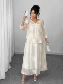 Elenzga 3 件套：中国风刺绣大码休闲短款上衣和裙子大码裙子套装大码女装 2 件白色套装大码刺绣裙子套装大码刺绣套装