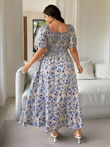 Vionelle 大码花卉印花高开叉短袖迷你连衣裙