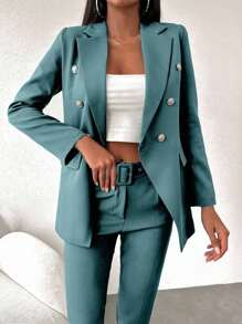 EURMUSE Women's Solid Color Double-Breasted Long Sleeve Jacket And Pants Suit Set - Mint Green - View 5