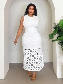 Veslaya 2025 Nouveau Printemps/Été Vêtements pour Femmes Grande Taille Automne/Retour à l'École/Début des Cours/Y2k/Travail/Bureau/Sortie/Vêtements d'Aéroport/Style de Rue/Punk/Décadent/Date de Remise des Diplômes/Vacances Élégantes/Tenue Femme Diplômée/Élégante Combinaison Tout Blanc Col Rond Sans Manches Bas Creux Grille Diamant Moyenne à Longue