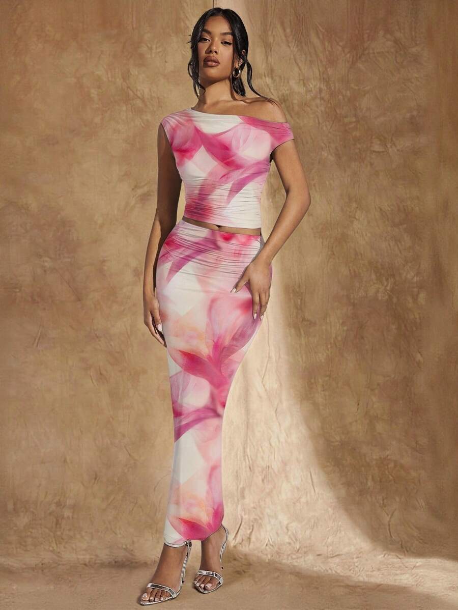 SHEIN BAE 女士不对称领口不对称褶皱紧身两件套，适合夏季/粉色两件套/海滩度假套装/生日派对套装/海岛度假套装