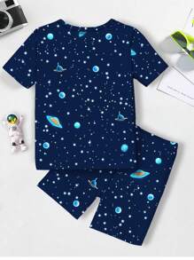 2 件套男童睡衣套装，UV 发光宇航员印花针织弹力圆领上衣和星星印花裤子，带紫外线的家居服（婴儿节日夜光礼物），贴身合身睡衣，幼儿宇航员睡衣，返校时尚 - 寶藍色 - 查看 2