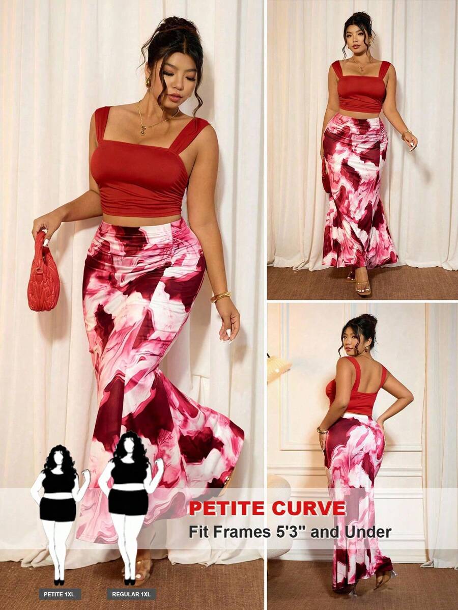 SHEIN PETITE ملابس علوية كاميزول مربعة الرقبة ضيقة للسيدات بحجم كبير وتنورة مطوية مطبوعة مصممة ضيقة بنمط الحورية، مجموعة أنيقة من قطعتين للصيف - ابيض واحمر - مشاهدة 1