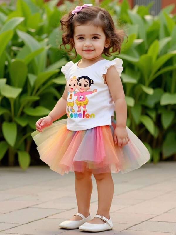 CoComelon X SHEIN Baby Girl Cartoon Character Print White Short Cap Sleeve Casual Cute Versatile T-Shirt And Colorful Tulle Skirt Set
