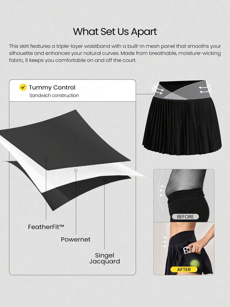 Let's Play Sweat-Wicking Stretchy Mid-Rise Crossover Waist Pleated Tennis Skirt With Built-In Shorts Side Pockets Tennis Golf Daily