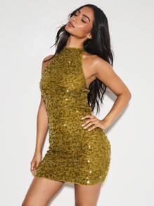 KIZN Váy ngắn hở lưng đính sequin vàng kim loại có chi tiết đính cườm ở lưng cho tiệc tối lễ hội Giáng sinh ngày lễ năm mới - màu xanh lá - Xem 5