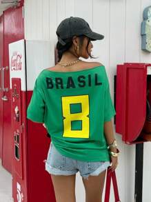 SHEIN EZwear Camiseta casual de mujer con estampado numérico, para verano y salir - Verde - Ver 2