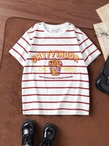 HARRY POTTER X SHEIN 青少年女孩复古运动学院休闲风格白色格兰芬多徽章条纹图案宽松 T 恤，适合夏季、学校和户外活动 - 白色 - 查看 6