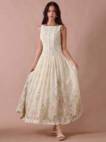 Enchnt 夏/秋浪漫女士杏色花卉印花刺绣单排扣无袖长裙 - 彩色 - 查看 6