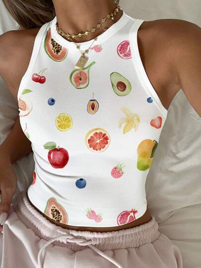 SHEIN EZwear Casual Minimalist Round Neck Tight Cherry And Blueberry Fruit Print Tank Top For Women, Suitable For Summer, Back To School, Airport, Cute Home