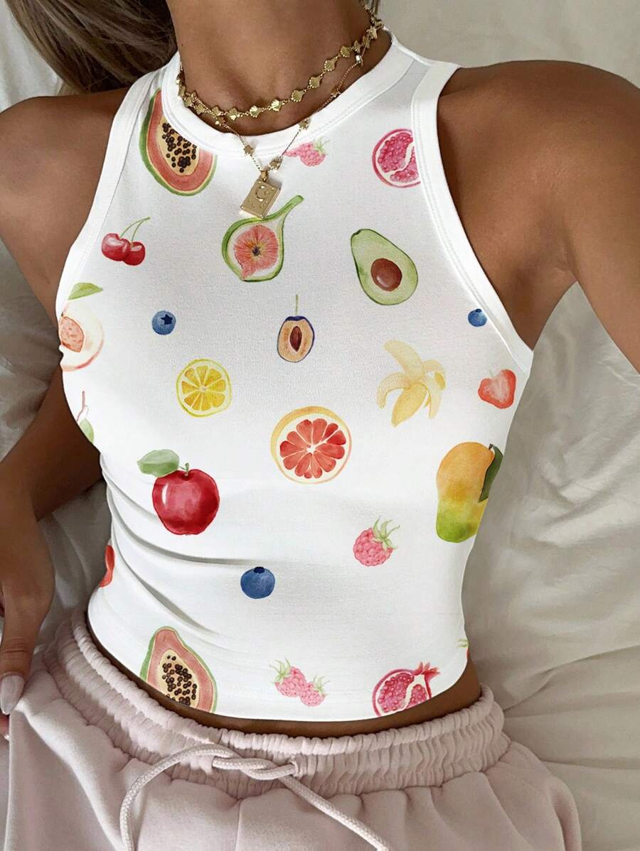 SHEIN EZwear 女士休闲简约圆领紧身樱桃蓝莓水果印花背心,适合夏季、返校、机场、可爱家居 - 彩色 - 查看 1