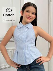 SHEIN 青少年女孩优雅休闲正式有领无袖褶皱条纹 A 字形纽扣衬衫上衣