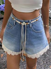 Livesso Women's Lace Patchwork Pocket Wide Leg Loose Denim Shorts Jorts - Blue - View 5
