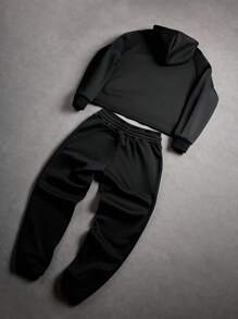 Manfinity EMRG 2pcs/Set Men's Casual Hooded Sweatshirt And Drawstring Pants Suit , Fall Clothes - Black - View 7