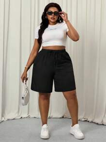 SHEIN PETITE CURVE Plus Size Women's Black Drawstring Waist Pockets Casual Country Linen Shorts Summer Shorts For Women Spring Outfits For Women Vacation Outfits Woman