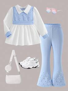 2 piezas de conjunto de ropa para niñas, blusa de manga larga ajustada con decoración de perlas y pantalones acampanados, para primavera/otoño