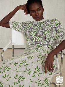 Aveloria Modichic Elegante conjunto de 2 piezas con blusa de cuello redondo con bordado hueco en estilo vintage y falda midi/maxiamplia - Multicolor - Ver 6