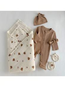 Loomiva Newborn Baby 4pcs Set: Cartoon Bear Pattern Long Sleeve Jumpsuit, Blanket, Gloves, Hat - Versatile & Comfortable Fall Winter - Multicolor - View 3