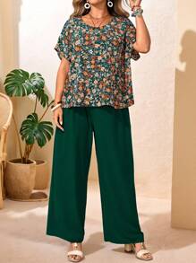EMERY ROSE Plus Size 2 Pieces Set Country Vacation Casual Small Floral Raglan Sleeve Loose Shirt Top And Green Trousers, Simple Fashion Casual Daily Wear, Suitable For Spring And Summer Vacation Two Pieces Set Country Concert Outfit Country Outfits Women - Multicolor - View 5